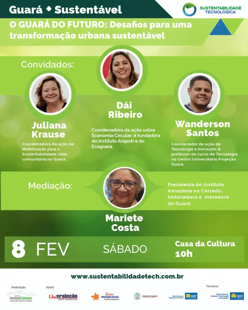 Guará do Futuro: Desafios para uma Transformação Urbana e Sustentável O Futuro do Guará e a Necessidade de Mudanças Urbanas O Guará está em constante evolução, e a busca por um modelo de desenvolvimento urbano mais sustentável é essencial. O crescimento desordenado, a falta de infraestrutura adequada e os desafios ambientais são fatores que exigem soluções inovadoras e eficientes. Desafios para uma Cidade Sustentável A sustentabilidade urbana envolve diversos aspectos, incluindo mobilidade, gestão de resíduos, preservação ambiental e qualidade de vida. O Guará enfrenta problemas como: Expansão urbana sem planejamento: o crescimento populacional requer infraestrutura eficiente. Trânsito e transporte público: soluções para reduzir congestionamentos e incentivar transportes sustentáveis. Gestão de resíduos: reciclagem e destinação correta são fundamentais para um meio ambiente saudável. Acesso a espaços verdes: parques e áreas de lazer devem ser preservados e ampliados. Soluções para um Desenvolvimento Sustentável A implantação de políticas públicas eficazes é crucial para transformar o Guará em uma cidade modelo de sustentabilidade. Algumas medidas incluem: 1. Investimento em Mobilidade Urbana A expansão de ciclovias, melhorias no transporte coletivo e incentivo ao uso de modais sustentáveis podem reduzir impactos ambientais e melhorar a qualidade de vida. 2. Programa de Reciclagem e Redução de Resíduos Criar campanhas de conscientização, ampliar pontos de coleta seletiva e incentivar a economia circular são ações fundamentais. 3. Preservação das Áreas Verdes A proteção de parques e reservas ambientais garante bem-estar e contribui para a sustentabilidade local. Convidados Especiais e Mediação O evento "Guará do Futuro" contará com a participação de especialistas no tema: Ju Krause - Ativista e especialista em sustentabilidade urbana. Dái Ribeiro - Arquiteta e urbanista focada em soluções inovadoras. Wanderson Santos - Engenheiro ambiental com experiência em projetos sustentáveis. A mediação será realizada por Mariete Costa, profissional reconhecida por sua atuação em políticas urbanas. Conclusão: O Futuro Sustentável do Guará Depende de Todos A transformação urbana e sustentável do Guará requer ação coletiva. O envolvimento da comunidade, somado a investimentos públicos e privados, pode garantir um futuro melhor para as próximas gerações. A reflexão e o debate são essenciais para que mudanças concretas aconteçam. O Guará tem potencial para ser um modelo de sustentabilidade urbana, e essa jornada começa agora!