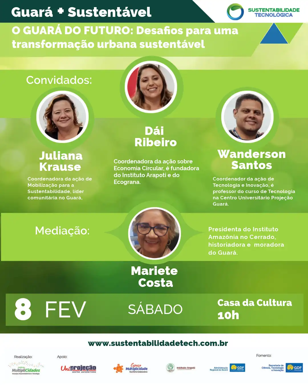 Guará do Futuro: Desafios para uma Transformação Urbana e Sustentável O Futuro do Guará e a Necessidade de Mudanças Urbanas O Guará está em constante evolução, e a busca por um modelo de desenvolvimento urbano mais sustentável é essencial. O crescimento desordenado, a falta de infraestrutura adequada e os desafios ambientais são fatores que exigem soluções inovadoras e eficientes. Desafios para uma Cidade Sustentável A sustentabilidade urbana envolve diversos aspectos, incluindo mobilidade, gestão de resíduos, preservação ambiental e qualidade de vida. O Guará enfrenta problemas como: Expansão urbana sem planejamento: o crescimento populacional requer infraestrutura eficiente. Trânsito e transporte público: soluções para reduzir congestionamentos e incentivar transportes sustentáveis. Gestão de resíduos: reciclagem e destinação correta são fundamentais para um meio ambiente saudável. Acesso a espaços verdes: parques e áreas de lazer devem ser preservados e ampliados. Soluções para um Desenvolvimento Sustentável A implantação de políticas públicas eficazes é crucial para transformar o Guará em uma cidade modelo de sustentabilidade. Algumas medidas incluem: 1. Investimento em Mobilidade Urbana A expansão de ciclovias, melhorias no transporte coletivo e incentivo ao uso de modais sustentáveis podem reduzir impactos ambientais e melhorar a qualidade de vida. 2. Programa de Reciclagem e Redução de Resíduos Criar campanhas de conscientização, ampliar pontos de coleta seletiva e incentivar a economia circular são ações fundamentais. 3. Preservação das Áreas Verdes A proteção de parques e reservas ambientais garante bem-estar e contribui para a sustentabilidade local. Convidados Especiais e Mediação O evento "Guará do Futuro" contará com a participação de especialistas no tema: Ju Krause - Ativista e especialista em sustentabilidade urbana. Dái Ribeiro - Arquiteta e urbanista focada em soluções inovadoras. Wanderson Santos - Engenheiro ambiental com experiência em projetos sustentáveis. A mediação será realizada por Mariete Costa, profissional reconhecida por sua atuação em políticas urbanas. Conclusão: O Futuro Sustentável do Guará Depende de Todos A transformação urbana e sustentável do Guará requer ação coletiva. O envolvimento da comunidade, somado a investimentos públicos e privados, pode garantir um futuro melhor para as próximas gerações. A reflexão e o debate são essenciais para que mudanças concretas aconteçam. O Guará tem potencial para ser um modelo de sustentabilidade urbana, e essa jornada começa agora!